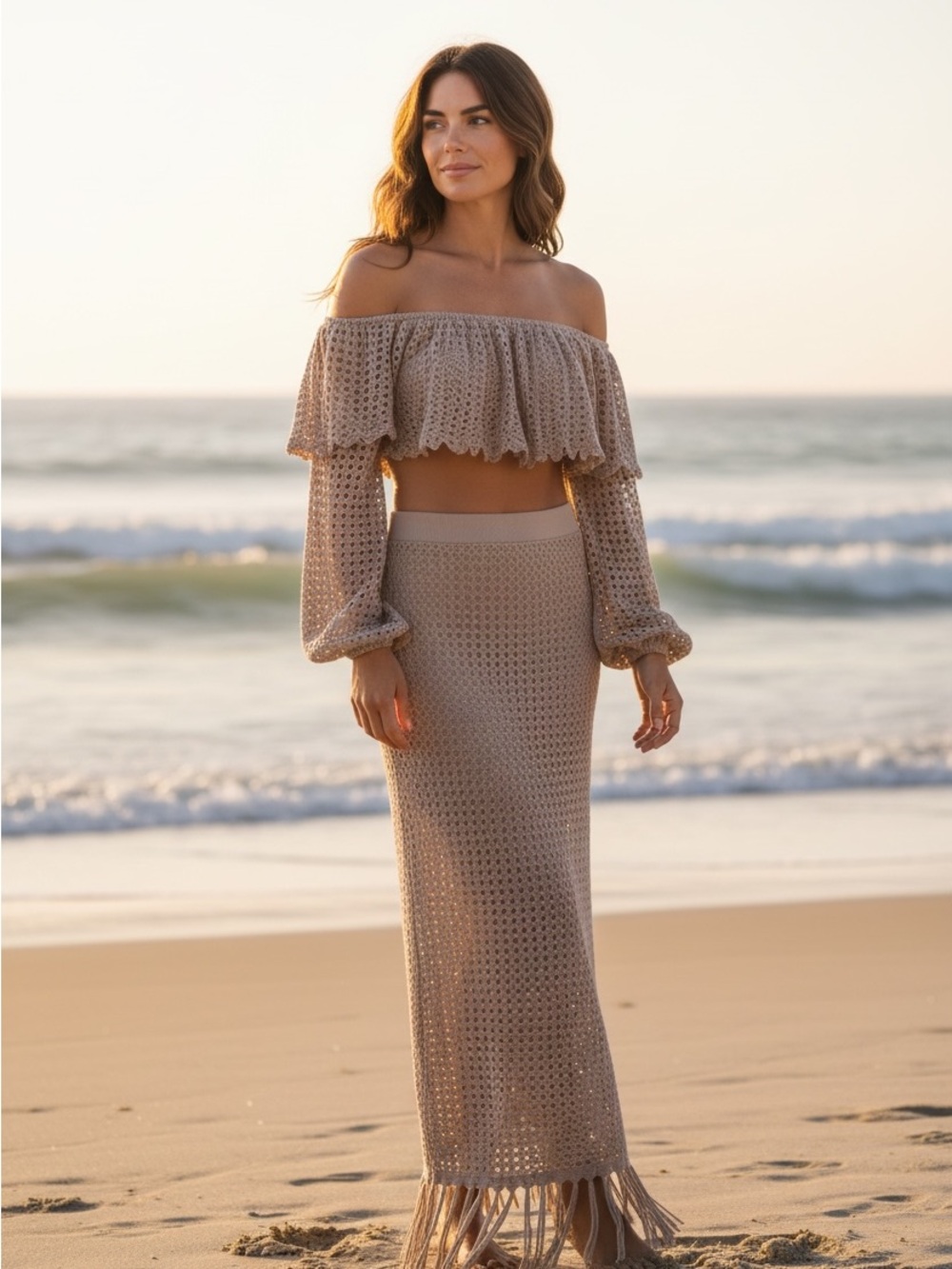 New Women’s Medium Beach Fringe Maxi Skirt with matching top